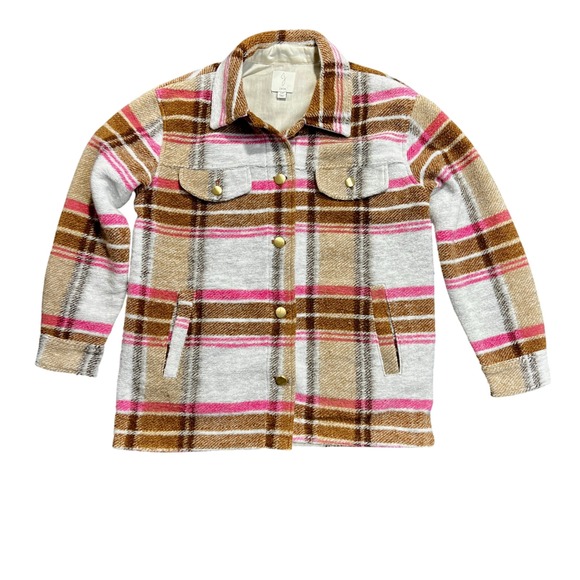 Joie‎ Plaid Shacket Jacket Button Front Pockets Pink Brown Gray PS - Picture 1 of 14